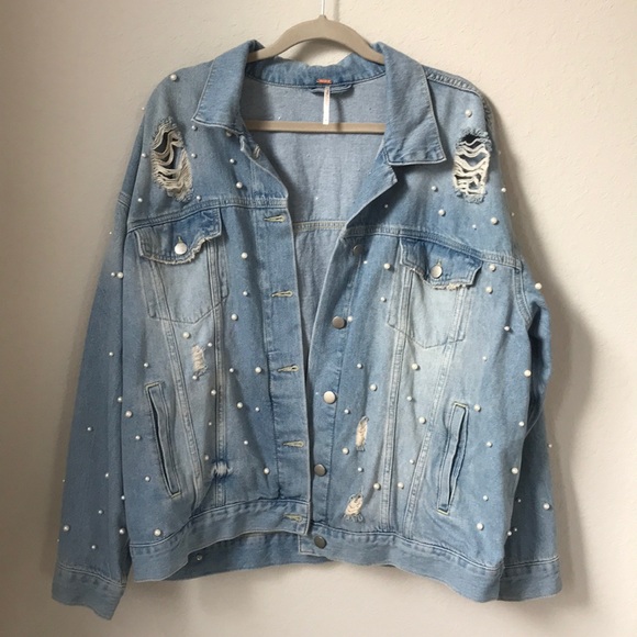 oversized denim jacket with pearls